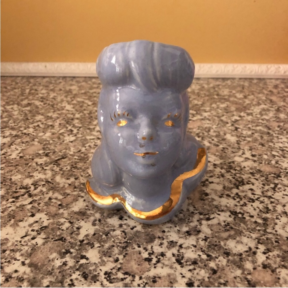 Vase glamour girl head planter lady blue gold ceramic pastel Vintage 1950s